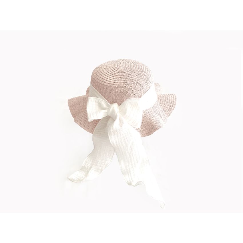 Mrs Ertha - Stroh- Hut Rosa mit Bordeaux & Grau Schlaufe