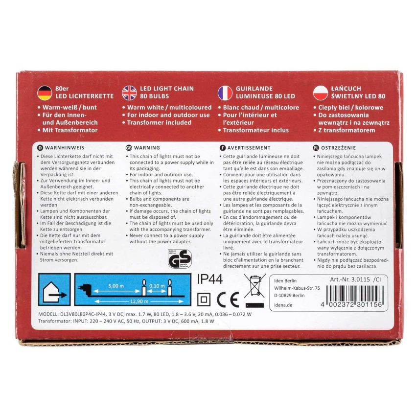 Idena - LED Lichterkette für innen und außen, 80er bunt & warm weiß