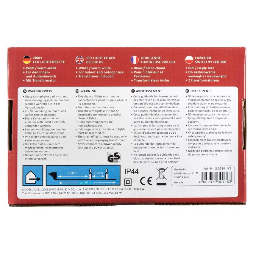 Idena - LED Lichterkette für innen und außen, 200er weiß und warm weiß