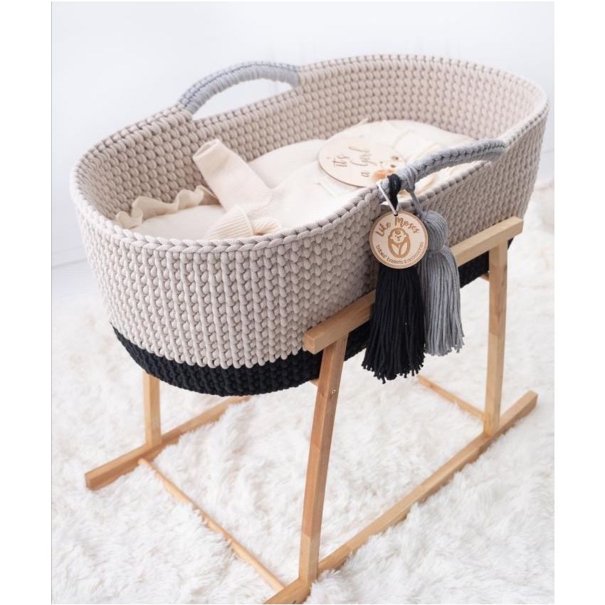 Like Moses - Moseskorb Taupe - Dunkelgrau mit Kissen und Bettwäsche Weiss