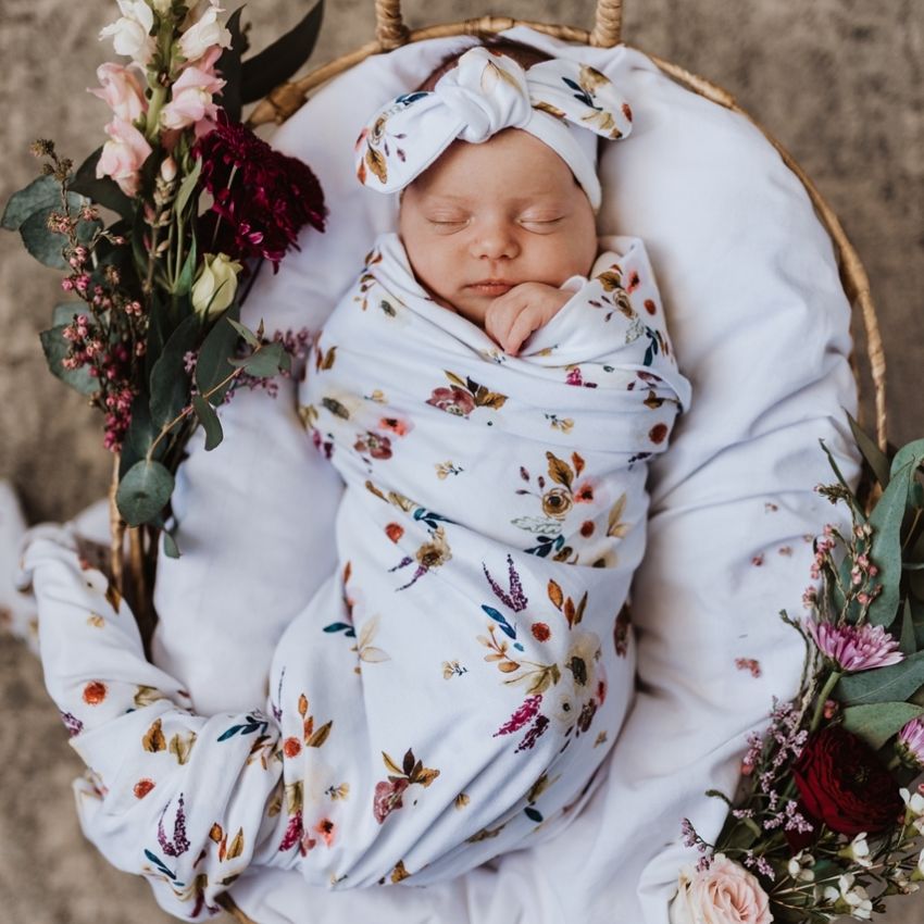 Snuggle Hunny - Swaddledecke Boho Posy mit Stirnbandset