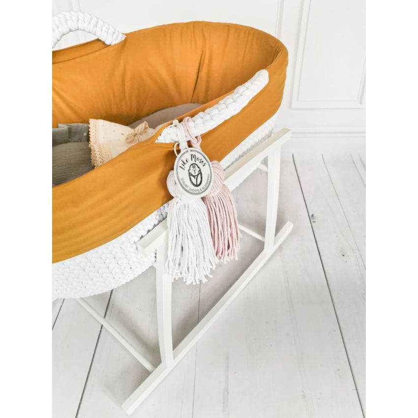 Like Moses - Moseskorb Weiss mit grauer Bettwäsche Sternchen (Tassel rosa)