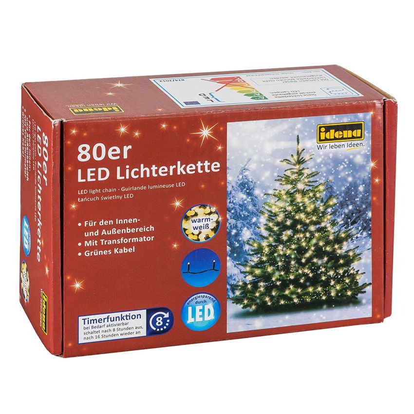 Idena - LED Lichterkette für innen und außen, 80er warm weiß
