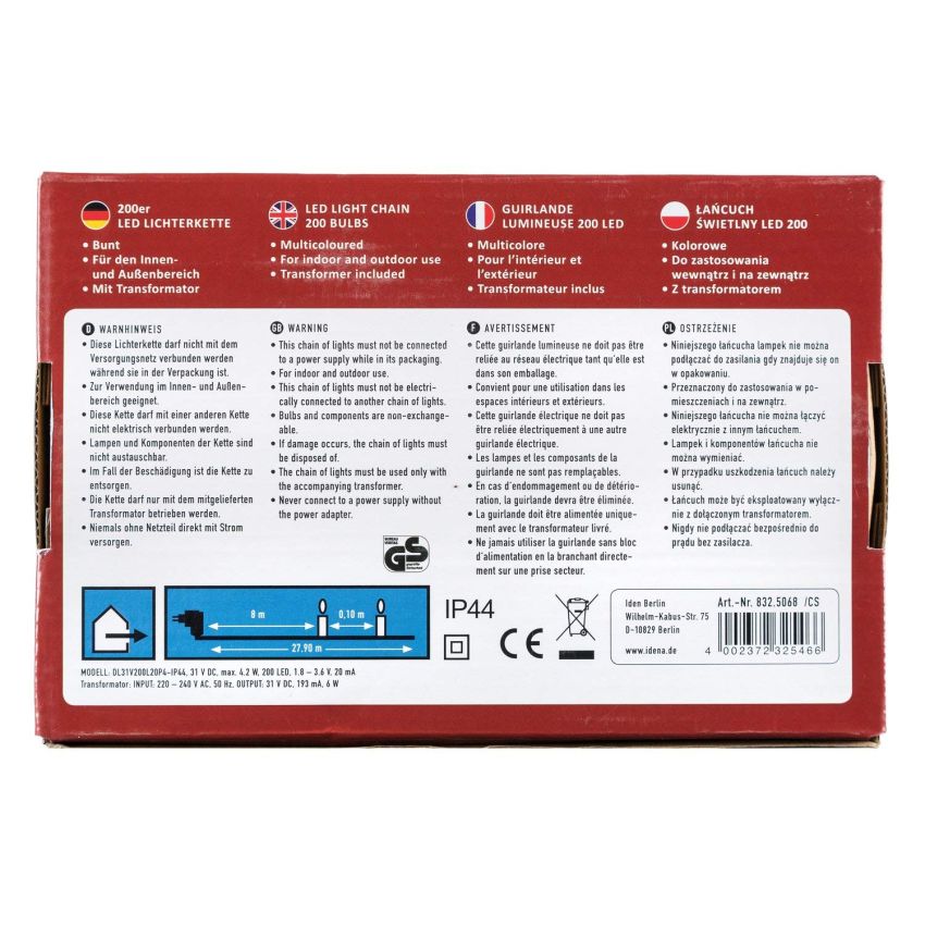 Idena - LED Lichterkette für innen und außen, 200er warm-weiß