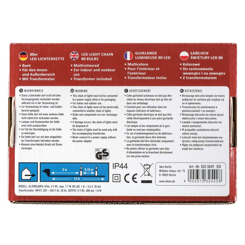 Idena - LED Lichterkette für innen und außen, 80er buntes Licht