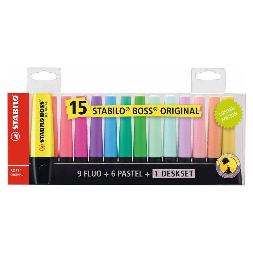 STABILO Boss Original - Textmarker 15er Tischset - 9 Leuchtfarben, 6 Pastellfarben