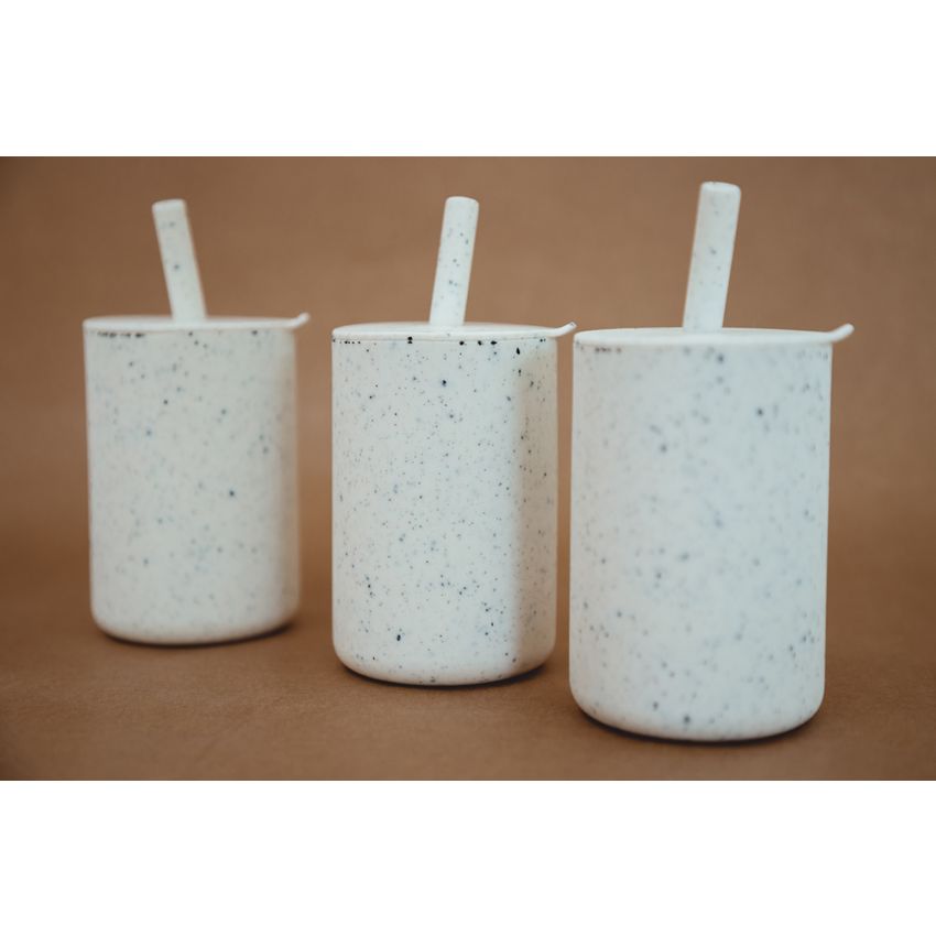 Mrs Ertha - Silikon Trinklernbecher mit Strohhalm Weiss Speckle