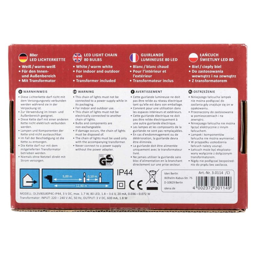 Idena - LED Lichterkette für innen und außen, 80er weiß & warm weiß