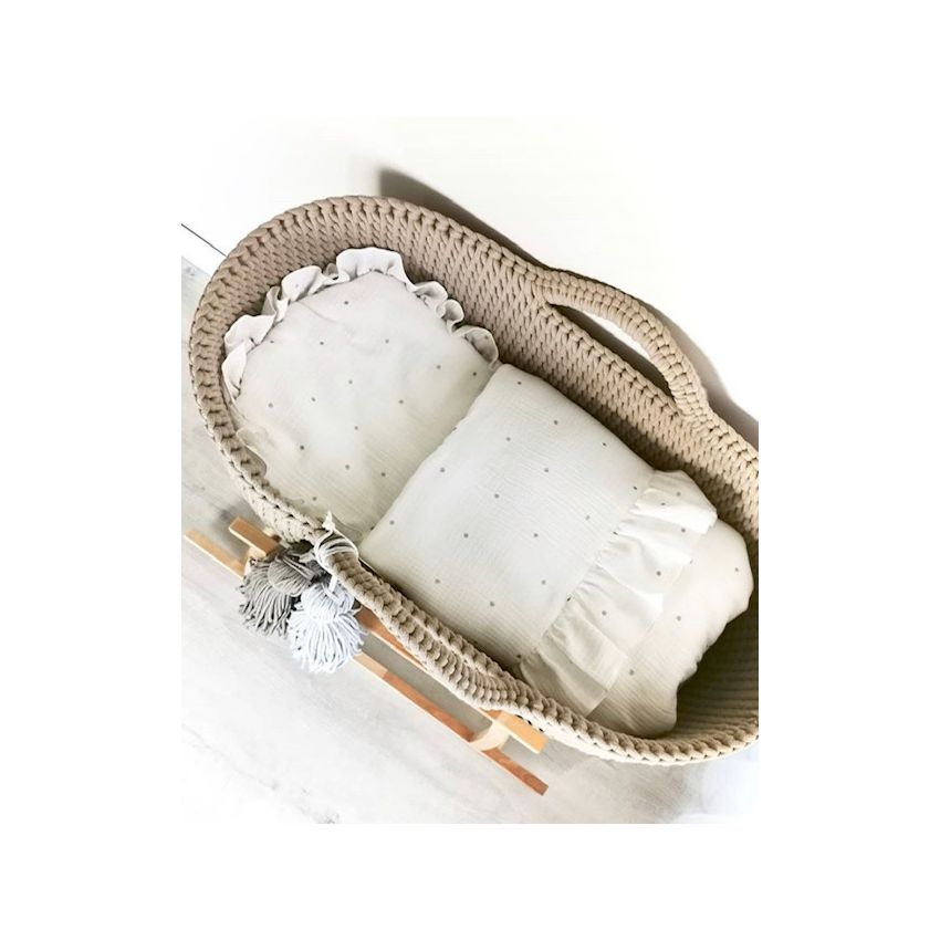 Like Moses - Moseskorb Sand Beige mit Kissen und Bettwäsche Weiss Punkte