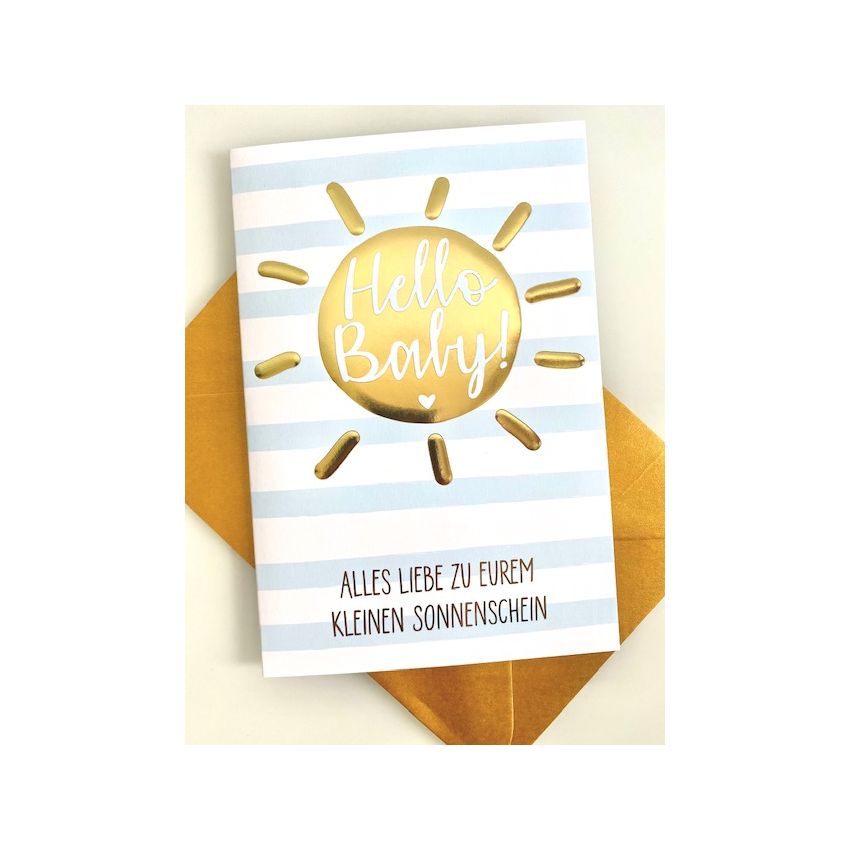 Grusskarte zur Geburt: Hello Baby (Sonne gold)