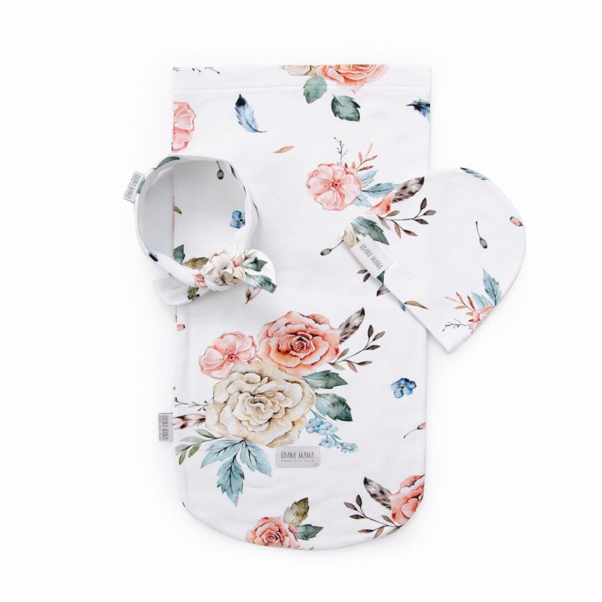 Qbana Mama - Pucksack Set mit Beanie & Stirnband Vintage Flowers