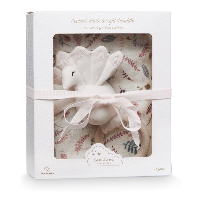 Cam Cam Copenhagen Geschenkbox Muslin und Rassel- Pfau pressed Leaves rose