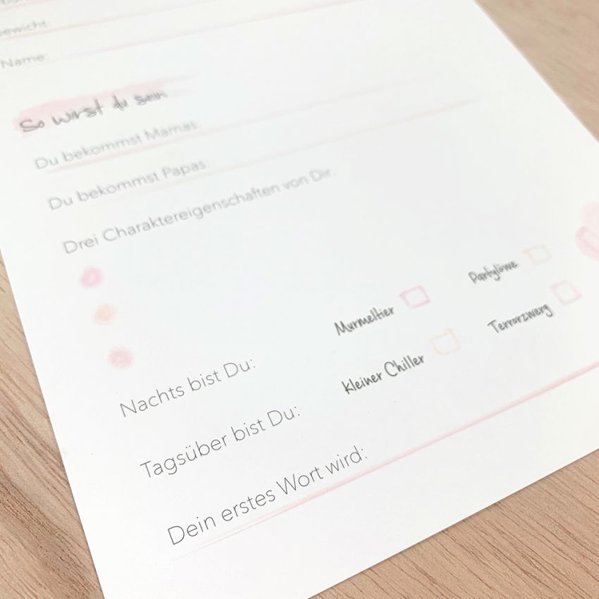 mintkind - Ratekarten für  Deine Babyparty - Pink