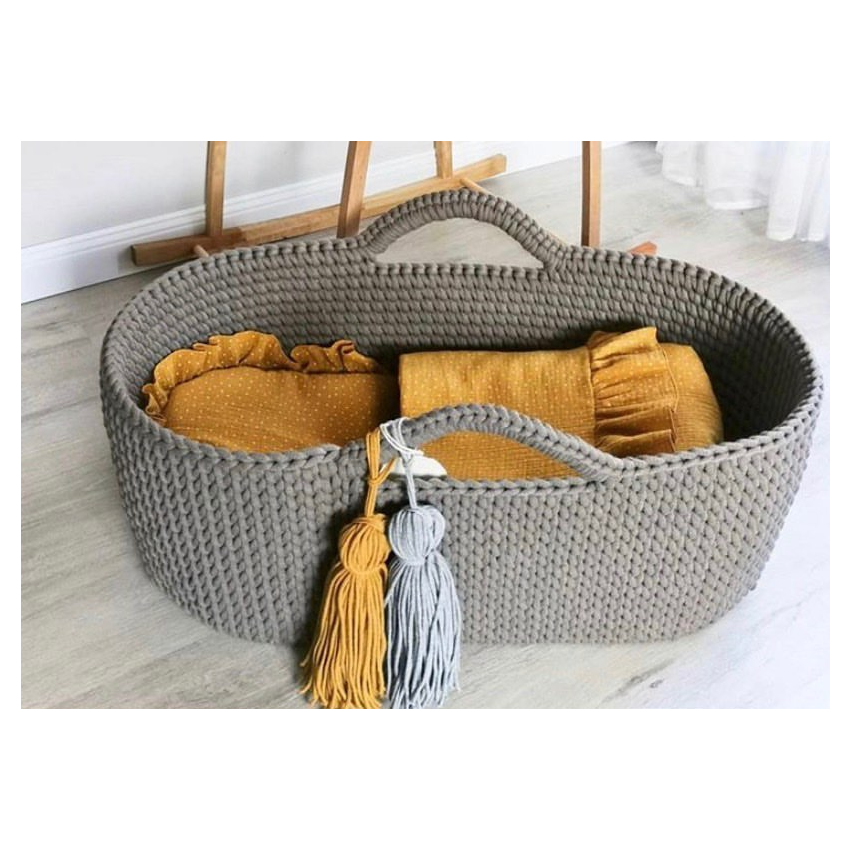 Like Moses - Moseskorb Braungrau mit Kissen und Bettwäsche Mustard