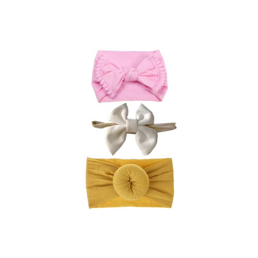 Emerson and Friends - Stirnband Set Bun gelb, Pom rosa, Masche weiss