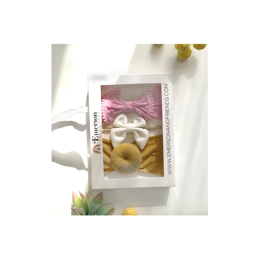 Emerson and Friends - Stirnband Set Bun gelb, Pom rosa, Masche weiss