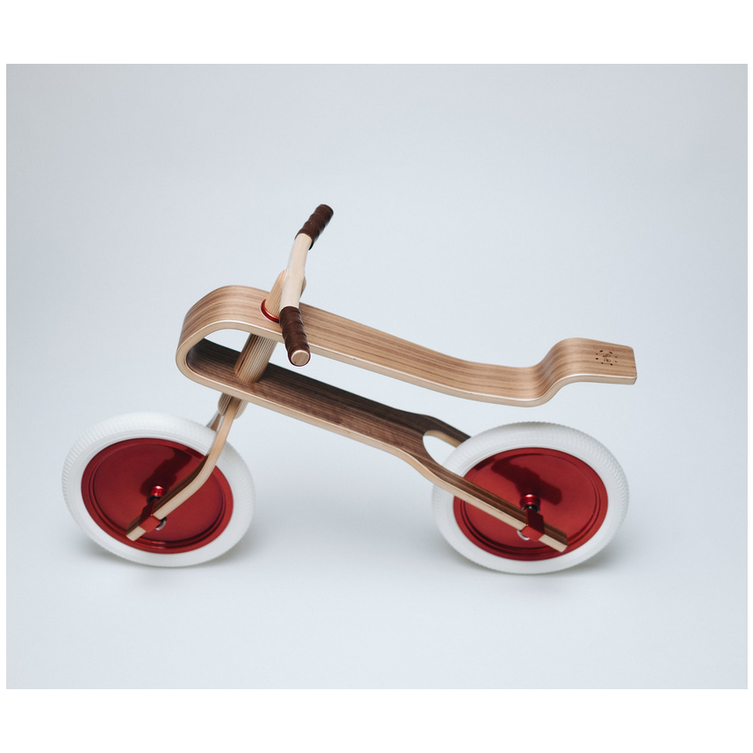 Brum Brum Bike - Laufrad Walnuss Holz dunkel Rot- weiss
