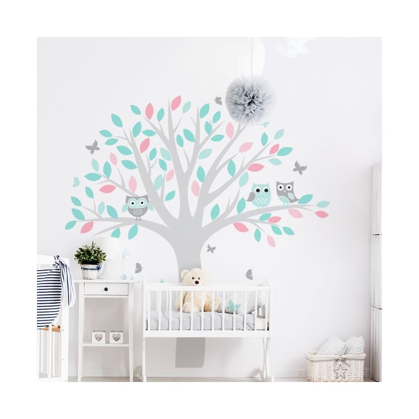YokoDesign - Wandsticker Baum mit Eule mint- rosa