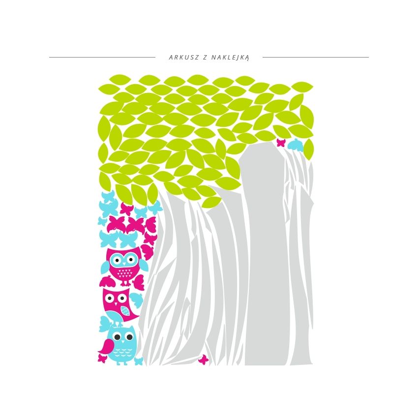 YokoDesign - Wandsticker Baum mit Eule grün- pink