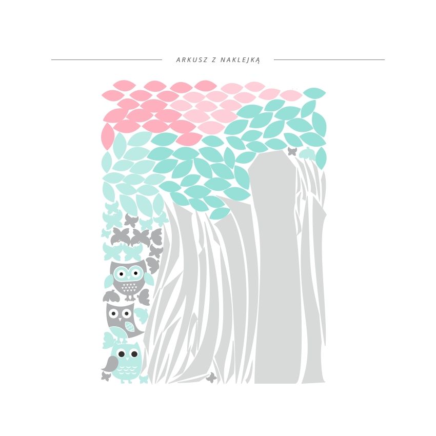 YokoDesign - Wandsticker Baum mit Eule mint- rosa