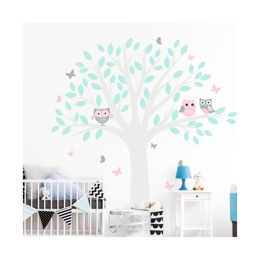 YokoDesign - Wandsticker Baum mit Eule grau- mint