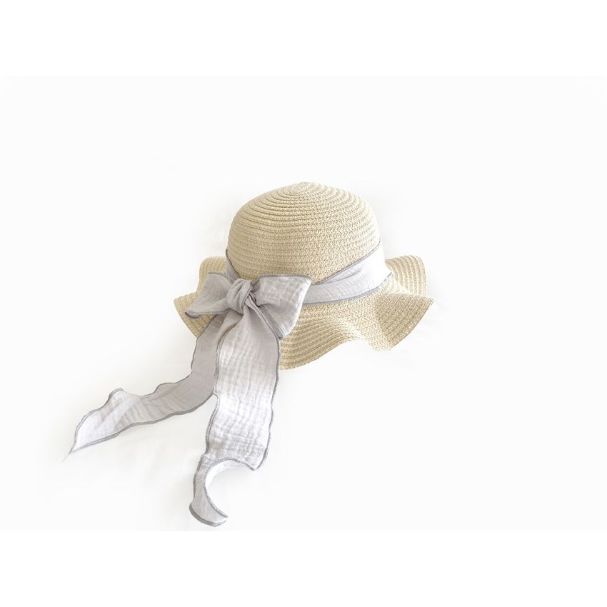 Mrs Ertha - Stroh- Hut Nature mit Rosa & Grau Schlaufe