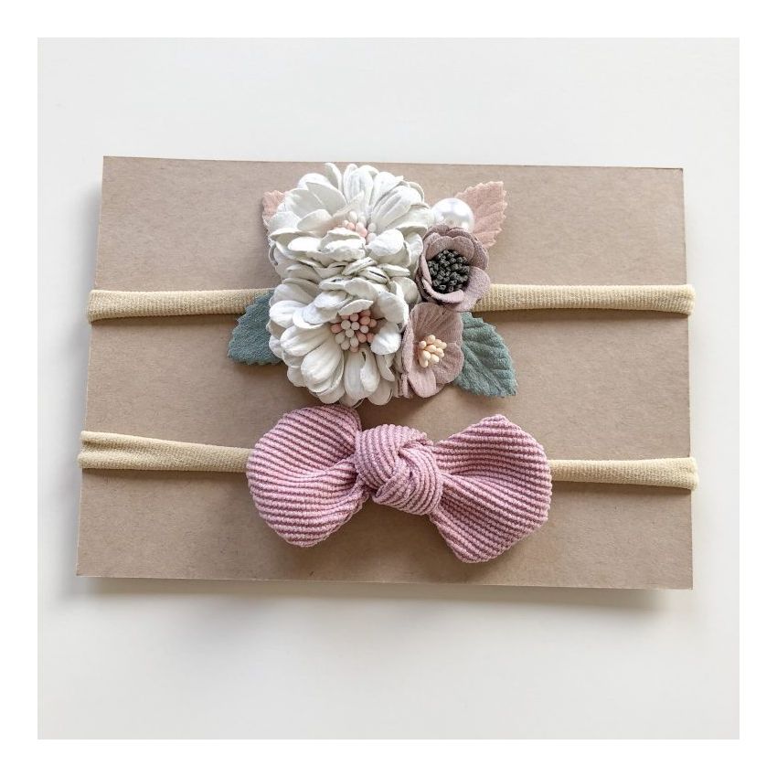 Lunas Treasure - Stirnband 2er Set Blume double weiss & Mäschchen rosa