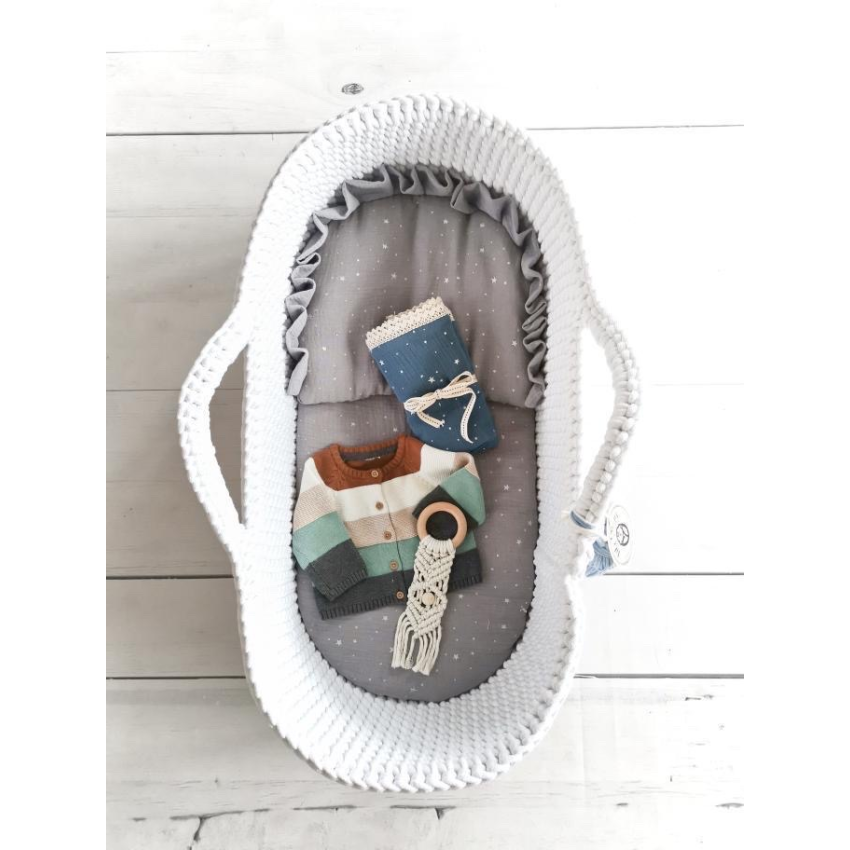 Like Moses - Moseskorb Weiss mit Kissen und Bettwäsche grau & silber Sternchen