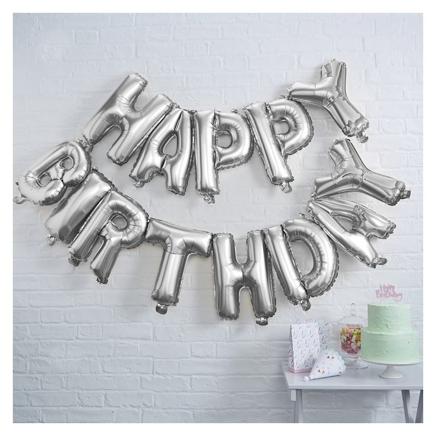 Ginger Ray - Ballon Schriftzug Girlande Happy Birthday silber
