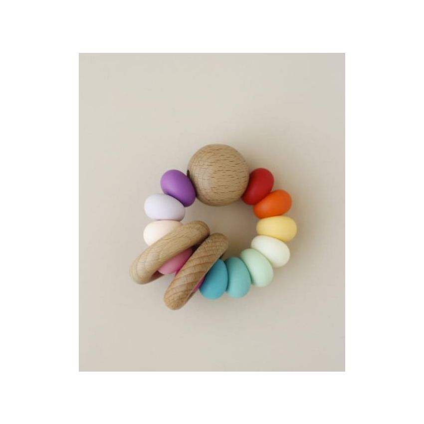 littleCHEW - Greifling Holz & Silikonring Rainbow Girly