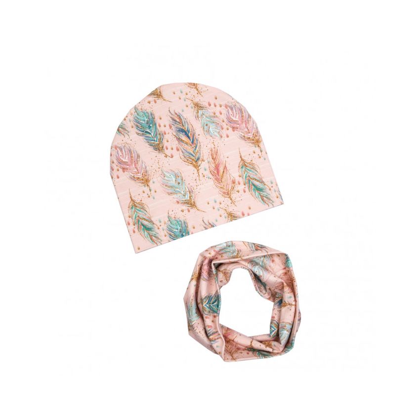 Ul & Ka - Beanie & Schal Set Boho Federn Pastel Gold