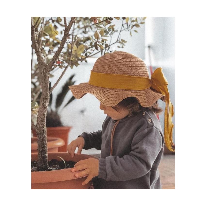 Mrs Ertha - Stroh- Hut Braun mit Mustard & Terracotta Schlaufe