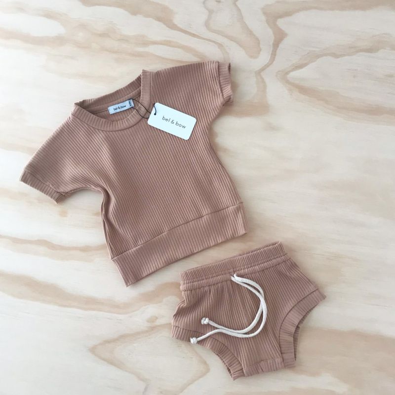 bel&bow - Ribbed Girlie Set Short & Shirt Cocoa