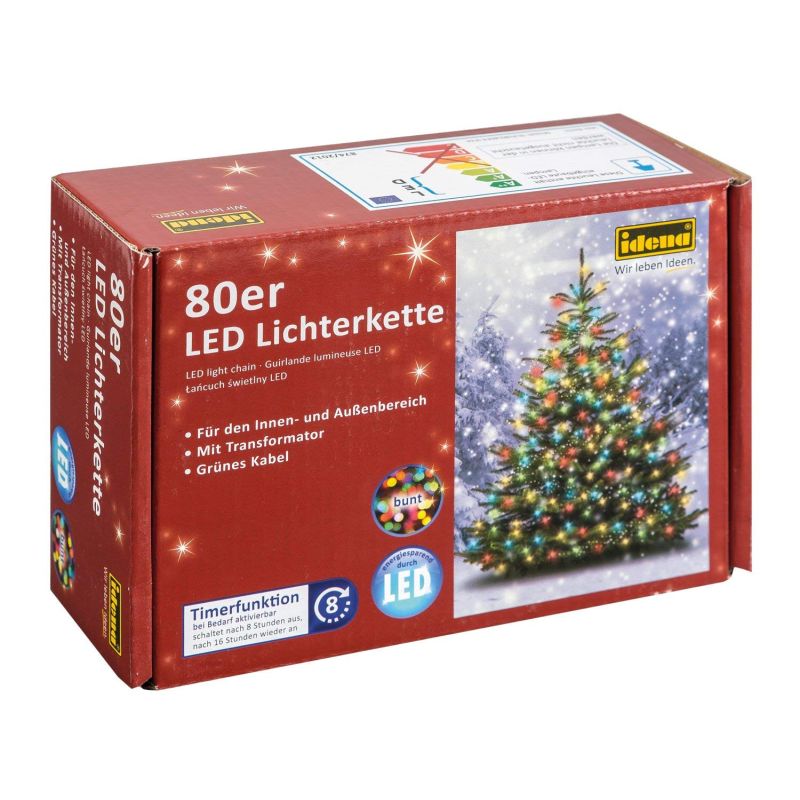 Idena - LED Lichterkette für innen und außen, 80er buntes Licht