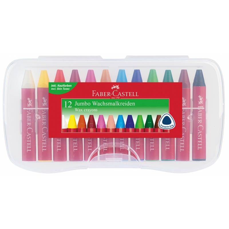 Faber-Castell - Jumbo Wachsmalkreide Dreikant, 12er Kunststoffbox