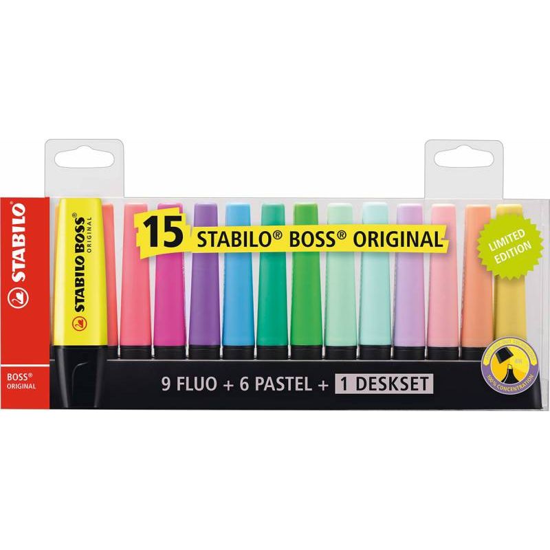 STABILO Boss Original - Textmarker 15er Tischset - 9 Leuchtfarben, 6 Pastellfarben