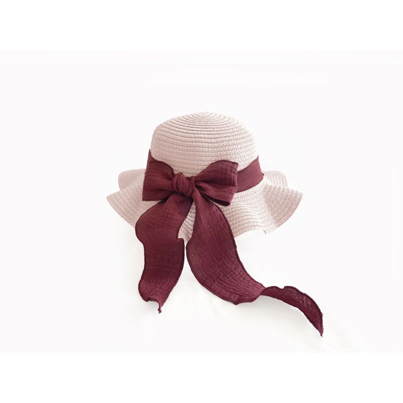 Mrs Ertha - Stroh- Hut Rosa mit Bordeaux & Grau Schlaufe