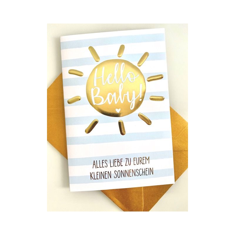 Grusskarte zur Geburt: Hello Baby (Sonne gold)