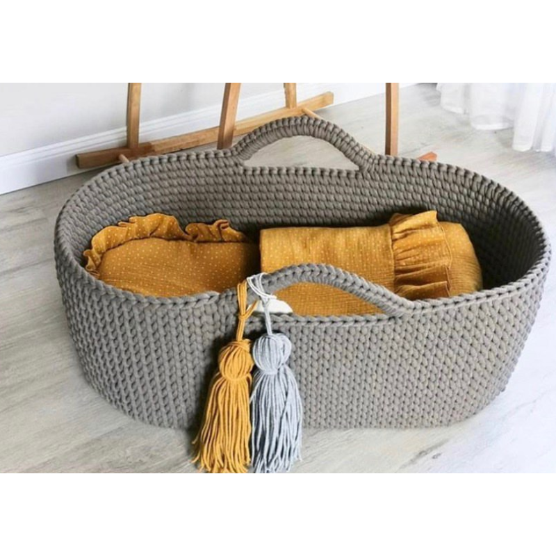 Like Moses - Moseskorb Braungrau mit Kissen und Bettwäsche Mustard