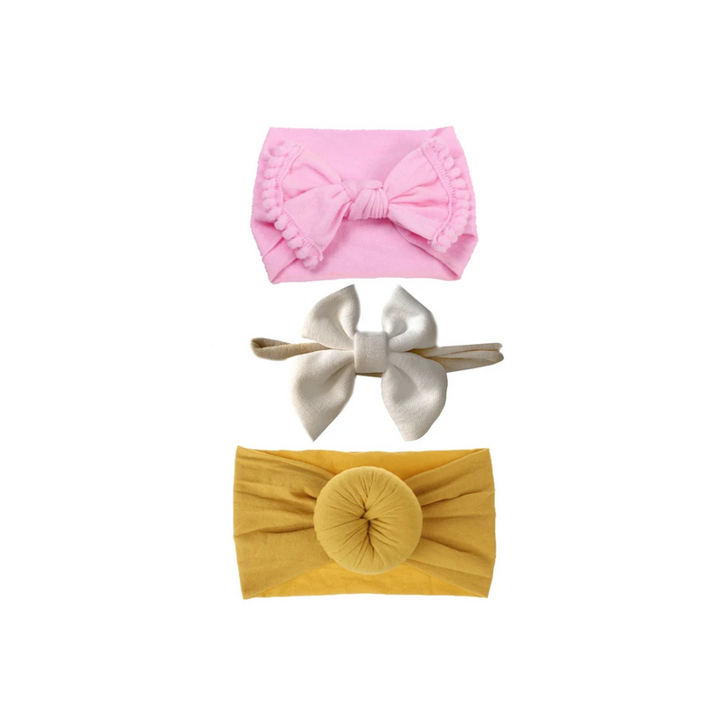 Emerson and Friends - Stirnband Set Bun gelb, Pom rosa, Masche weiss