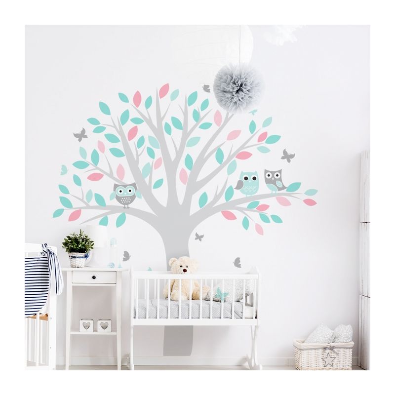 YokoDesign - Wandsticker Baum mit Eule mint- rosa