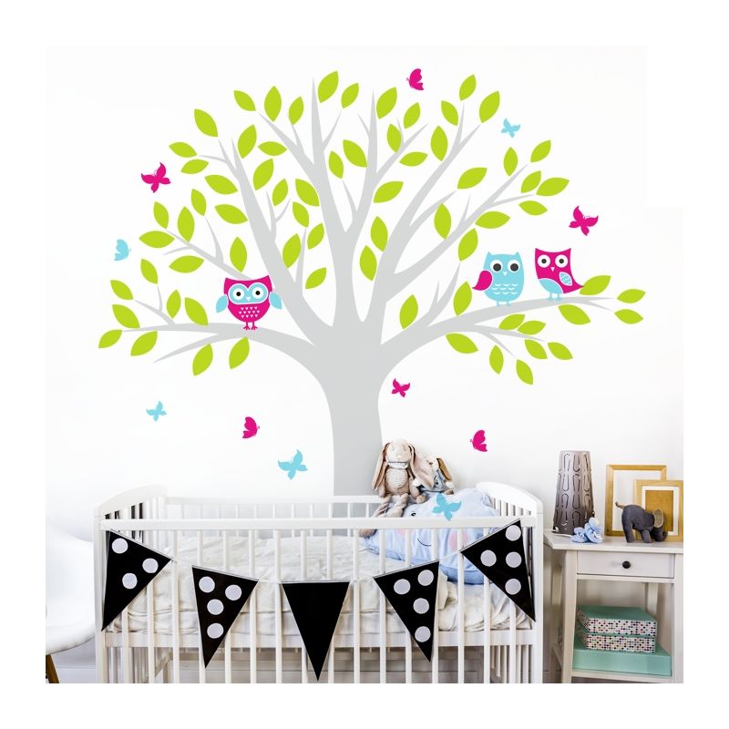 YokoDesign - Wandsticker Baum mit Eule grün- pink