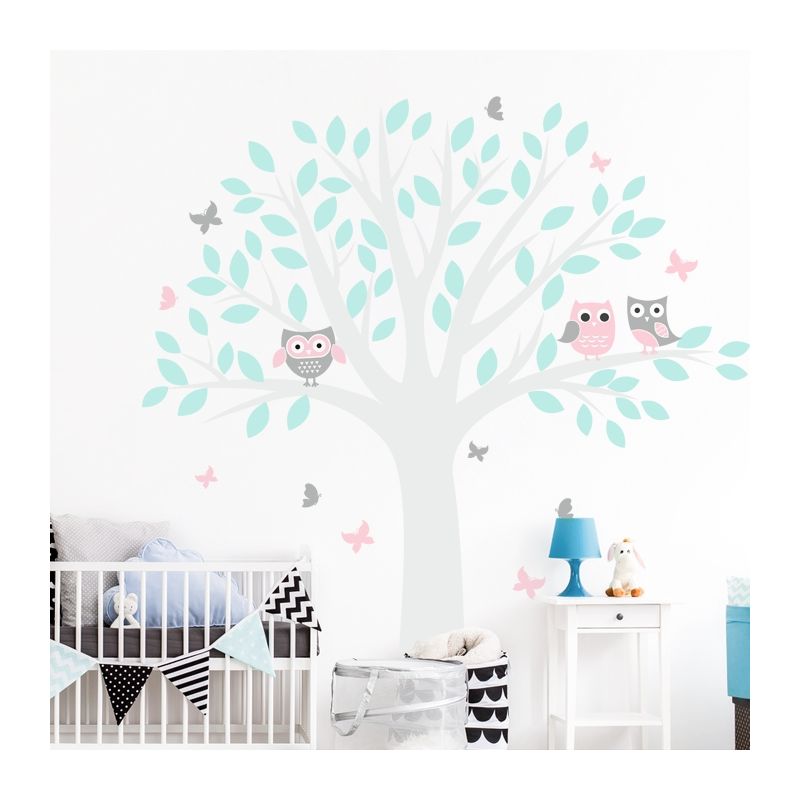 YokoDesign - Wandsticker Baum mit Eule grau- mint