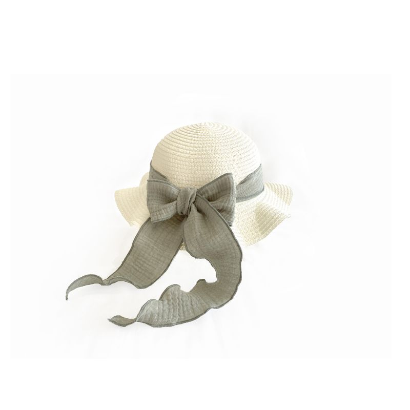 Mrs Ertha - Stroh- Hut Vanillaweiss mit Olive & Ivory Schlaufe