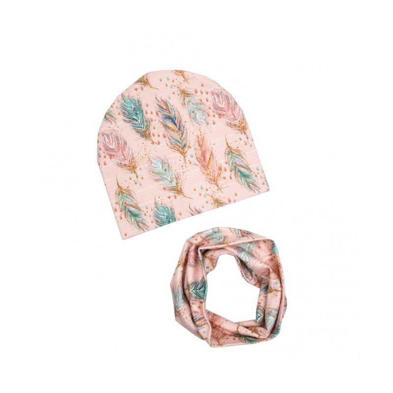 Ul & Ka - Beanie & Schal Set Boho Federn Pastel Gold